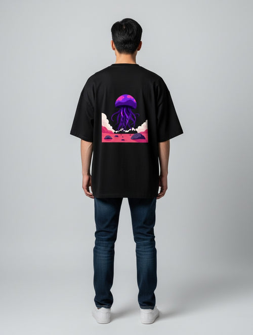 Born West black oversized terry knit t-shirt with a surreal neon jellyfish graphic on a Martian landscape.