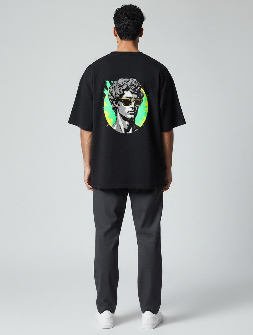 Born West black oversized terry tee with a graphic print of a classical bust wearing sunglasses.