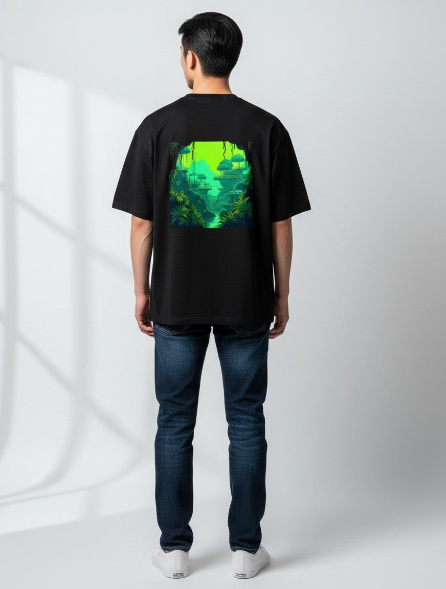 Born West black oversized terry tee with a vibrant neon jungle landscape graphic on the back.