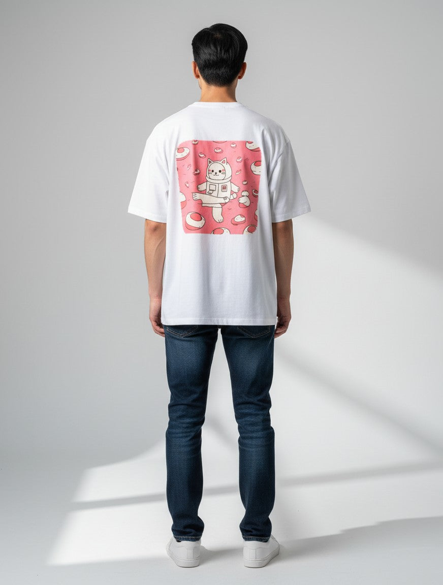 Born West white terry tee with a playful astronaut cat graphic on a pink nebula background.