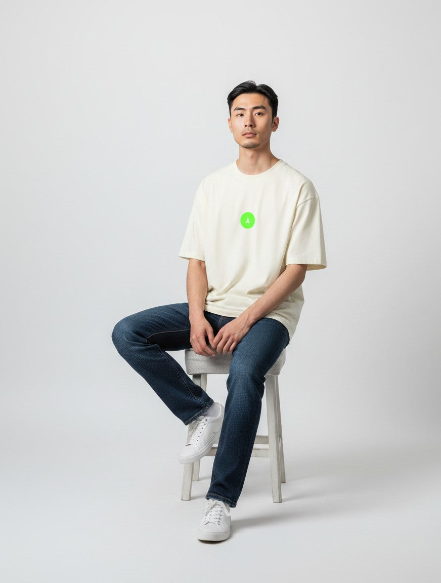 Born West cream heavyweight terry knit oversized t-shirt with a small neon green circular logo on the chest.