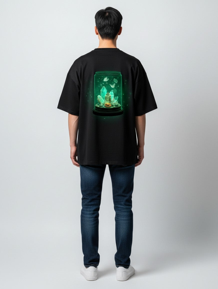 Born West black oversized terry tee with a neon green crystal terrarium graphic on the back.