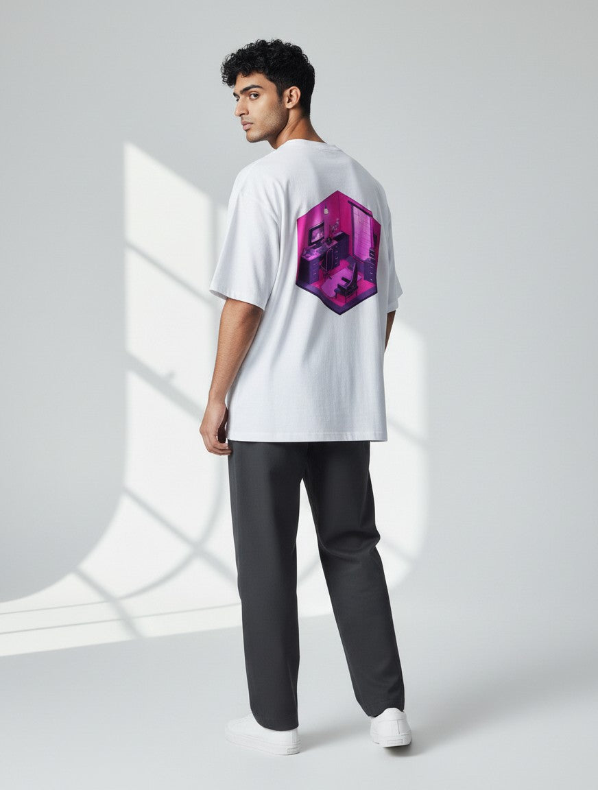 Born West white oversized terry tee with isometric digital workspace back print in pink and purple hues.