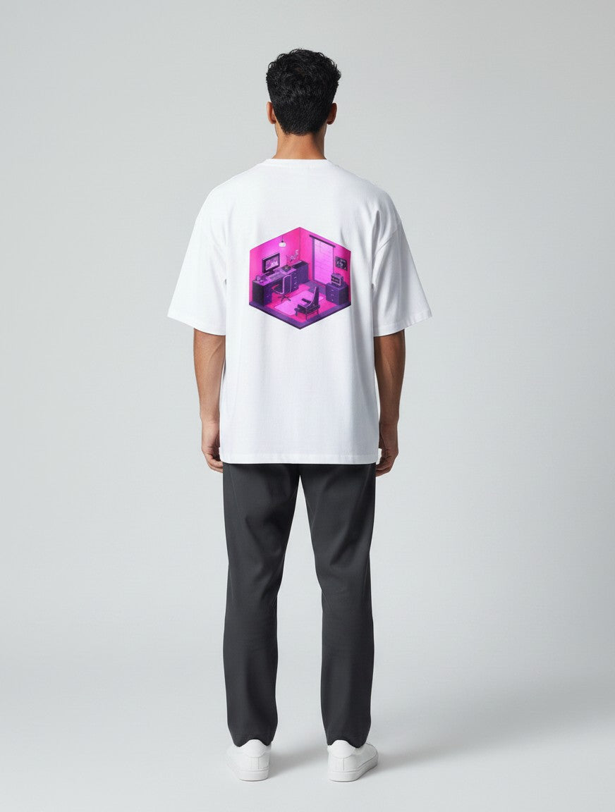 Born West white oversized terry tee with a neon pink and purple isometric digital workspace graphic on the back.