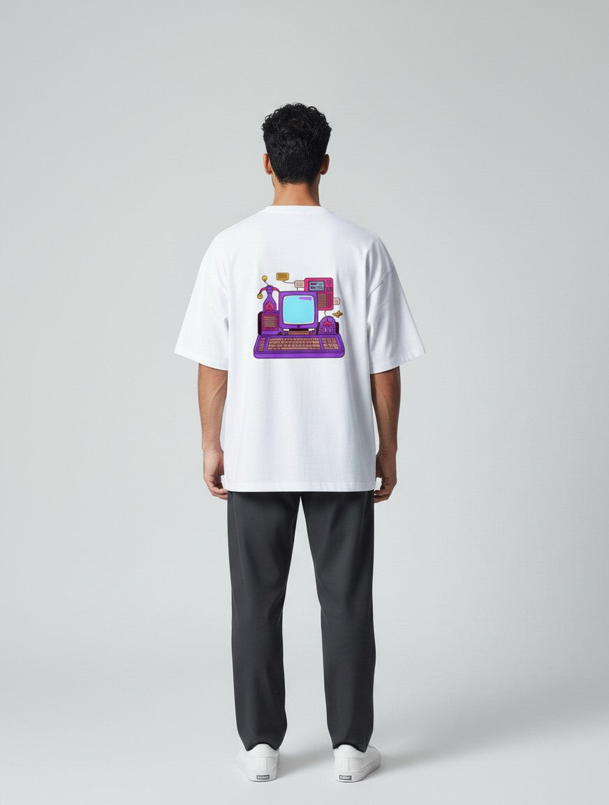 Born West white terry-knit t-shirt with a colorful 90s computer graphic print on the back.