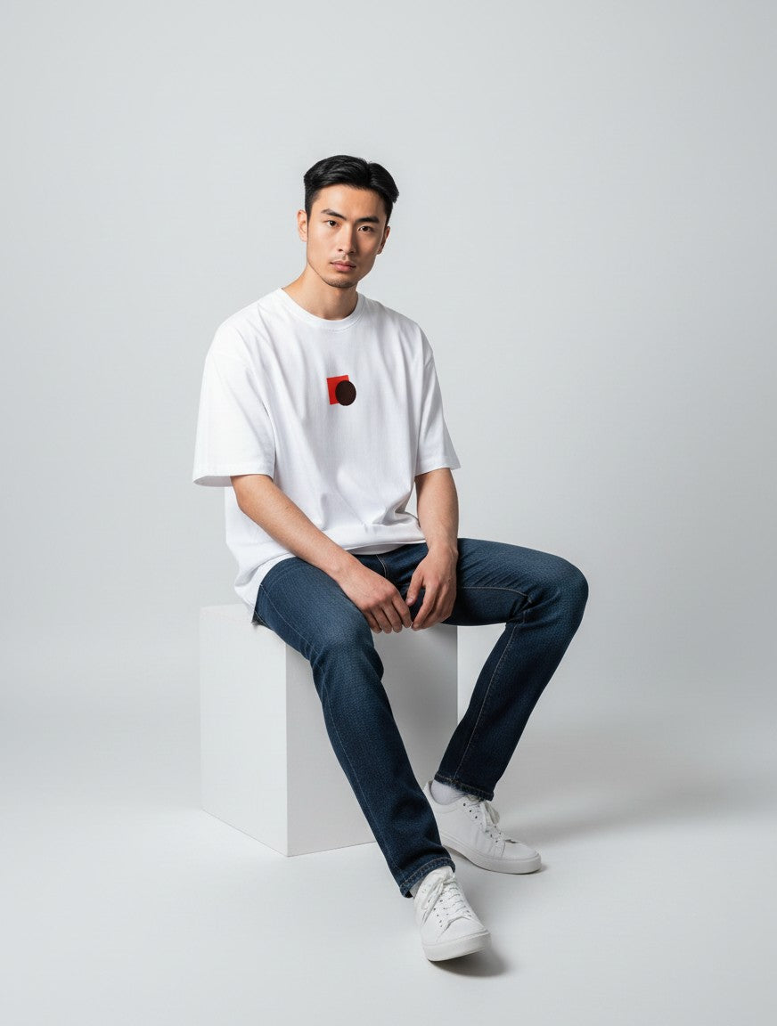 Born West white oversized terry tee with a small geometric graphic of a red square and black circle on the chest.