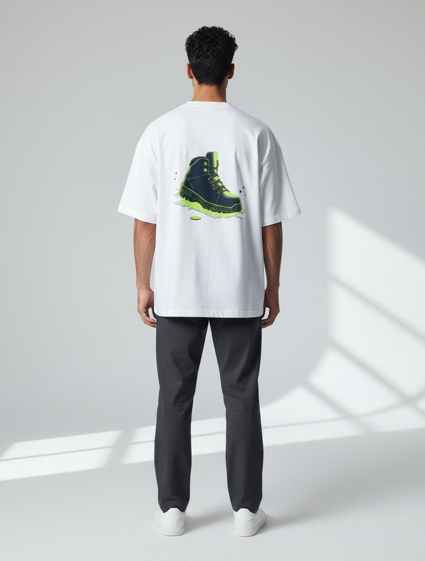 Born West white oversized terry knit t-shirt with a graphic print of a navy boot with electric lime accents.