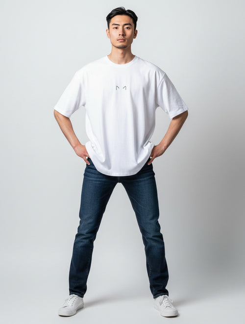 Born West white oversized terry tee with minimalist black cat ears graphic on chest. Heavyweight cotton-polyester blend.