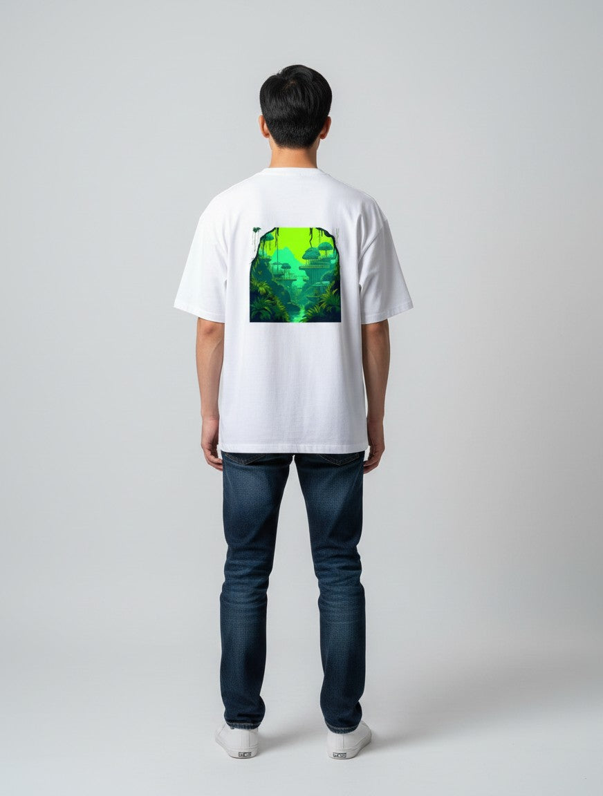 Born West white terry tee with oversized fit and neon jungle graphic print on back.