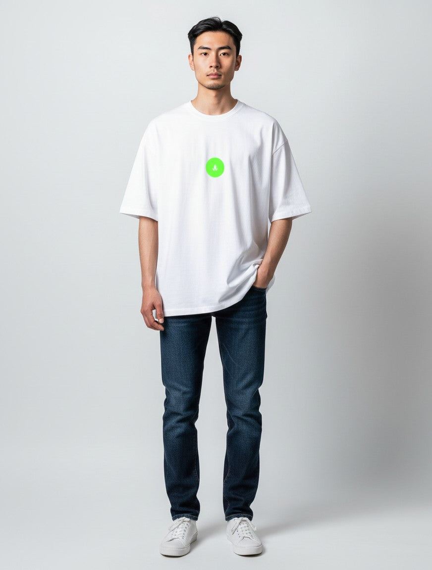 Born West white oversized terry tee with a neon green circular logo on the chest.