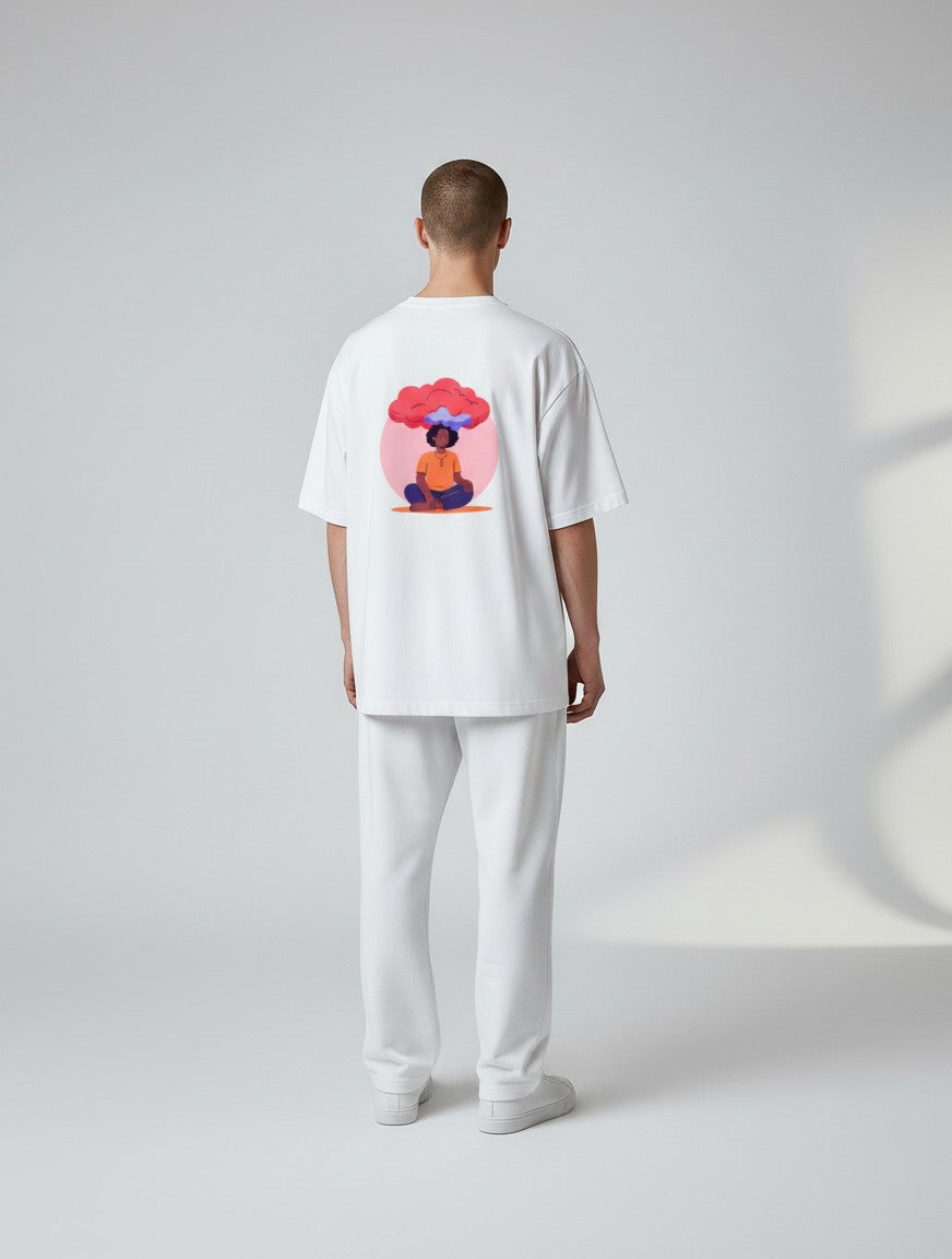 Born West white terry-knit oversized tee with abstract meditation graphic on back. Cotton-polyester blend.
